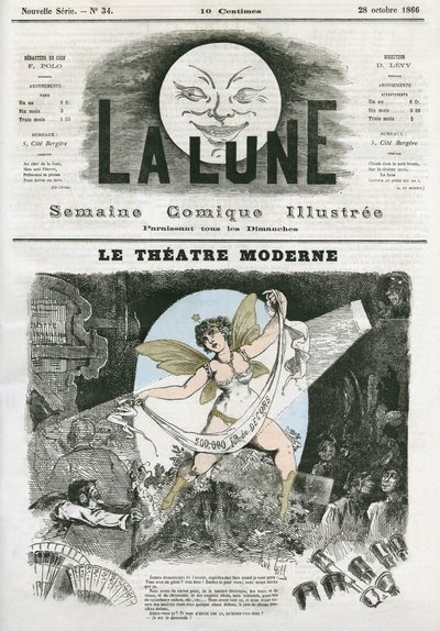 Le Theatre Moderne Pariisissa. Gillin karikatyyri, "La Lune", 28. lokakuuta tekijältä Andre Gill