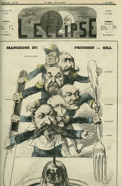 Syödään preussia kenraalien Le Boeuf (1806-1893), Mac-Mahon (1808-1893), Francois Achille Bazainen (Francois-Achille) kanssa tekijältä Andre Gill