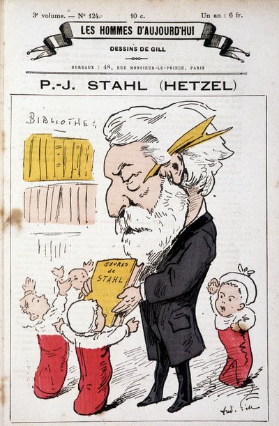Pierre Jules Hetzelin muotokuva, joka tarjoaa Stahlin teoksia (salanimensä) taaperoille, "" Nykyajan miehet", n.d. myöhään 19. tekijältä Andre Gill
