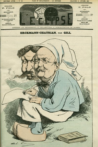 Muotokuva Alexandre Chatrianista (1826-1890) ja Emile Erckmannista (1822-1899), joka tunnetaan Erckmann-Chatrianina, ranskalaisten kirjailijoiden duo. Kansi "" L