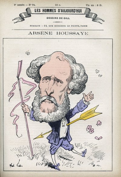 Muotokuva Arsene Houssayesta (1815-1896), ranskalaisesta kirjainmiehestä. Karikatyyri Gill, Paris. tekijältä Andre Gill