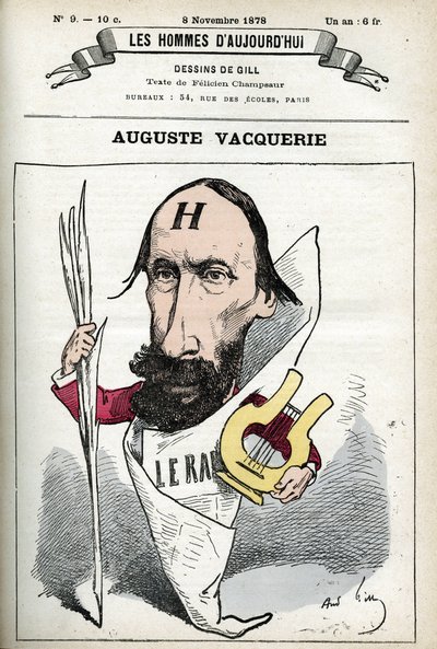 Auguste Vacquerie (1819-1895), ranskalaisen runoilijan, näytelmäkirjailijan ja toimittajan muotokuva. Sarjakuva Gill, Paris. tekijältä Andre Gill