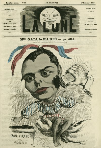 Muotokuva Celestine Galli-Marie (Galli Marie) (1840-1905), ranskalainen Opera-Comiquen laulaja. Gillin sarjakuva elokuvassa "La Lune", 1. joulukuuta tekijältä Andre Gill