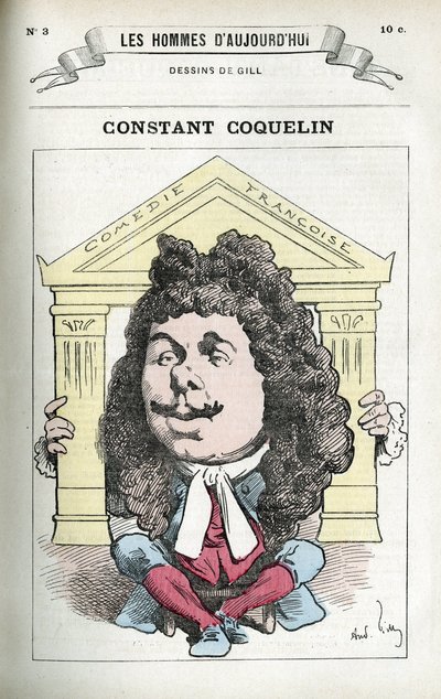 Constant Coquelinin (1841-1909), ranskalaisen teatterinäyttelijän muotokuva. Karikatyyri Gill, Paris. tekijältä Andre Gill