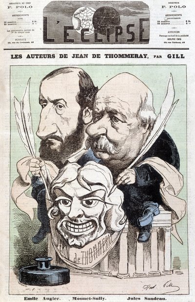 Jean de Pommeray -näytelmän kirjoittajien Emile AUGIERin (1820-1889) ja Jules SANDEAU:n (1811-1883) muotokuva kädessään koomikko Mounet-Sullyn (Jean Sully Mounet, Mounet Sully) kasvoja kuvaava naamio. tekijältä Andre Gill