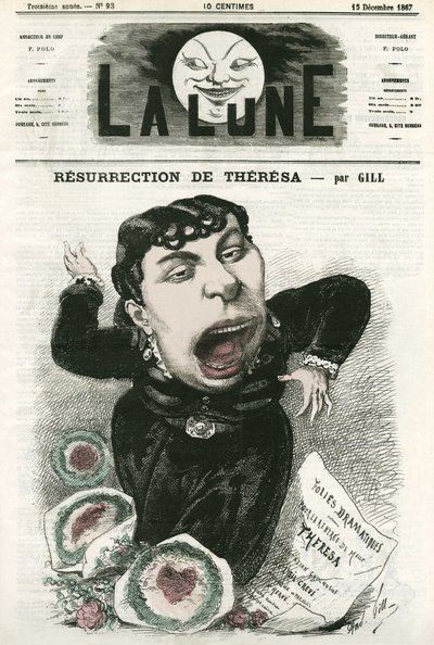 Muotokuva ranskalaisesta operettilaulajasta Emma Valladon dit Theresasta (1837-1913). Gillin sarjakuva elokuvassa "La Lune", 15. joulukuuta tekijältä Andre Gill