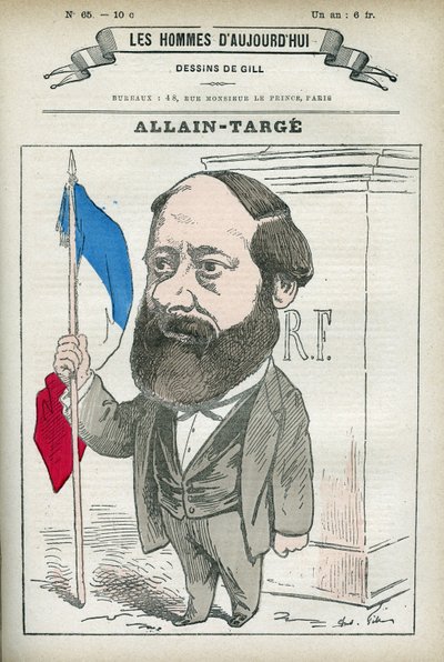 Muotokuva Francois Allain-Targesta Allain Targe (1832-1902), ranskalainen lakimies, tuomari, toimittaja ja poliitikko, hän oli sisäministeri ja valtiovarainministeri Gambettan kabinetissa. Sarjakuva Gill, Paris. tekijältä Andre Gill