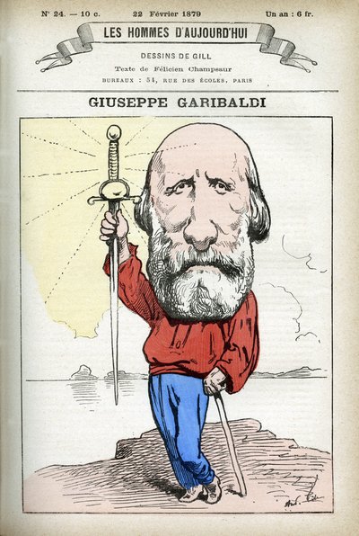 Italian poliitikon Giuseppe Garibaldin (1807-1882) muotokuva. Gillin sarjakuva "Les Homme Today", Pariisissa tekijältä Andre Gill