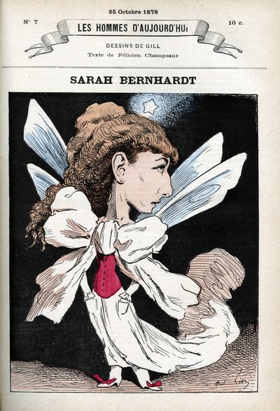 Muotokuva Henriette Rosine Bernardista Sarah Bernhardtista (1844-1923), ranskalaisesta teatterinäyttelijästä. Sarjakuva Gill, Paris. tekijältä Andre Gill