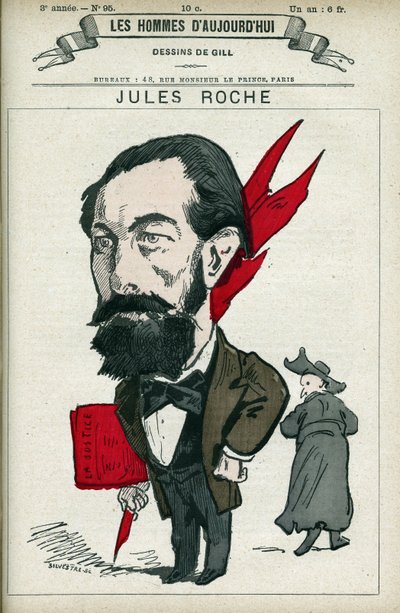 Muotokuva Jules Rochesta (1841-1923), ranskalainen poliitikko, hän oli vara- ja kauppa- ja teollisuusministeri 1890-1892. Piirroskuva Gill, Pariisi. tekijältä Andre Gill