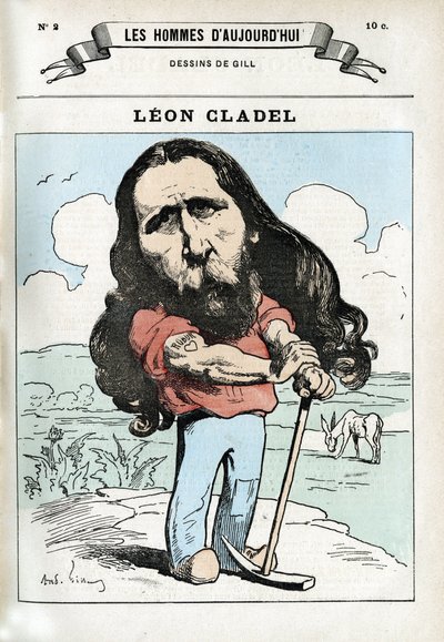 Muotokuva Leon Cladelista (1835-1892), ranskalaisesta kirjemiehestä. Karikatyyri Gill, Paris. tekijältä Andre Gill