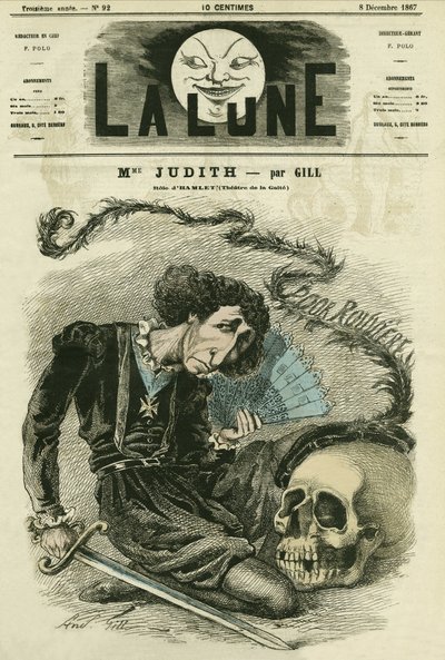 Madame Judithin (1827-? ), ranskalaisen näyttelijän muotokuva. Gillin sarjakuva elokuvassa "La Lune", 8. joulukuuta tekijältä Andre Gill
