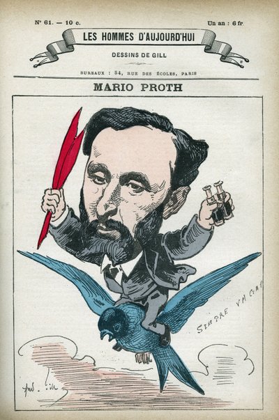 Muotokuva Mario Prothista (1832-1891), ranskalaisesta kirjailijasta, kirjallisuuskriitikkosta ja publicistista. Sarjakuva Gill, Paris. tekijältä Andre Gill