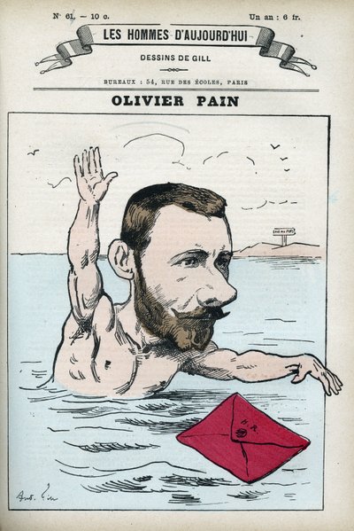 Muotokuva Olivier Painista, ranskalaisesta ja kommunaarista poliitikkoa, hän oli Henri Rochefortin (1831-1913) bagnen ja pakenemisen seuralainen. Sarjakuva Gill, Paris. tekijältä Andre Gill