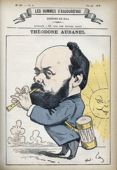 Theodore Aubanelin (1829-1886), ranskalaisen kirjapainon ja provencelaisen runoilijan muotokuva. Sarjakuva Gill, Paris. tekijältä Andre Gill