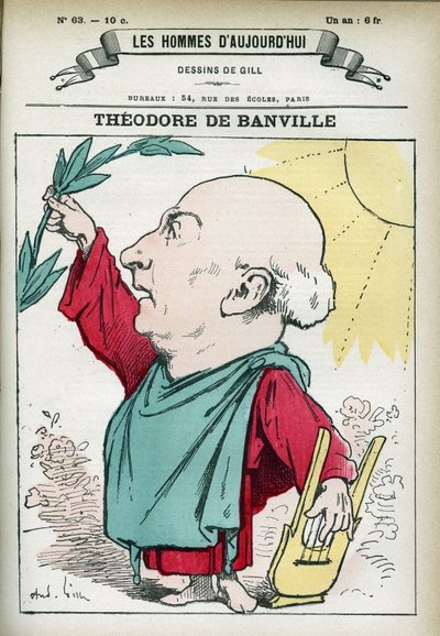 Muotokuva Theodore de Banvillesta (1823-1891), ranskalaisesta runoilijasta ja yhdestä parnassilaisen koulun johtajista. Sarjakuva Gill, Paris. tekijältä Andre Gill