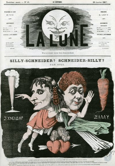 Tyhmä Schneider? Scheiner-tyhmä? , karikatyyri muinaisen maalauksen fragmentista. Gillin sarjakuva elokuvassa "La Lune", 20. tammikuuta tekijältä Andre Gill