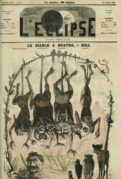 Paholaisella on neljä poliittista pamflettia, jotka ovat suunnitelleet uudelleen Mephistopheles (Mephisto) alias Wolff, Villemessant, Duchesne, Lockroy ja hänen sarjakuvapiirtäjä Benassit. Kansi "" L