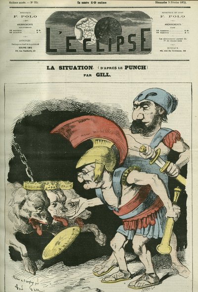 Tilanne, Adolphe Thiersin (1797-1877) ja Leon Gambettan (1838-1882) sarjakuva, joka antaa ministeriön kuninkaallisille ja bonapartistisille koirille. Kansi "" L