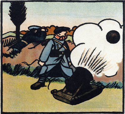 Ensimmäinen maailmansota 1914-1918 (14-18): Pomminheitin. Ranskalainen sotilas lähettää pommeja vihollisen kimppuun tykillä. Kaiverrus teoksessa "Suuren sodan aakkoset 1914-1916 (sotilaidemme lapsille)". Editions Berger-Levrault tekijältä Andre Helle