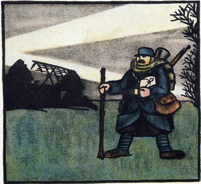 Ensimmäinen maailmansota 1914-1918 (14-18): Karvainen. Ranskalaisen armeijan sotilaan muotokuva sotilaspuvussa, jolla on reppu, laukku ja kivääri. Kaiverrus "Suuren sodan aakkoset 1914-1916 (sotilaidemme lapsille)". Editions Berger-Levrault tekijältä Andre Helle