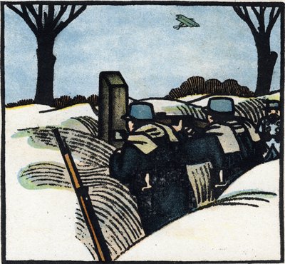 Ensimmäinen maailmansota 1914-1918 (14-18): Ranskan armeijan sotilaat juoksuhaudassa (karvainen). Kaiverrus teoksessa "Suuren sodan aakkoset 1914-1916 (sotilaidemme lapsille)". Editions Berger-Levrault tekijältä Andre Helle