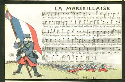 Postikortti, satiirinen väreissä: Helle (1875-1945): La Marseillaise - sota 14-18, Marseillaise, Laulava kuvitus. tekijältä Andre Helle