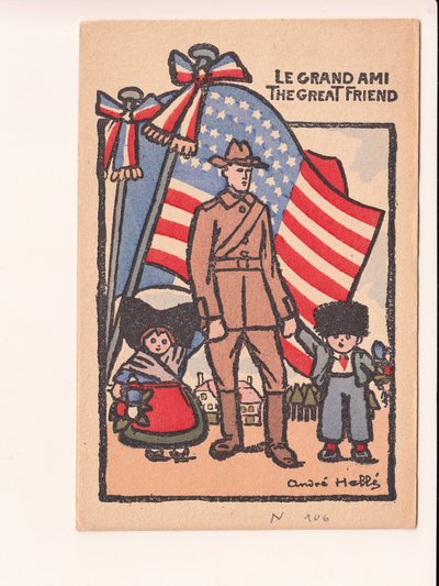 Postikortti, satiirinen väreissä: 18, Amerikka, Alsace Lorraine Kuvitus: Andre Helle (1875-1945). tekijältä Andre Helle