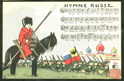 Postikortti, satiirinen väreissä: Hymni - sota 14-18, Venäjä, laulaa - sotilaat Kuvitus: Andre Helle (1875-1945). tekijältä Andre Helle