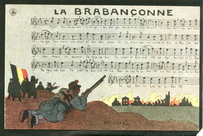 Satiirinen postikortti, noin 1915: Helle (1875-1945): La brabanconne - sota 14-18, Belgia, Chant - sotilaat Kuvitus: Andre Helle (1875-1945) tekijältä Andre Helle