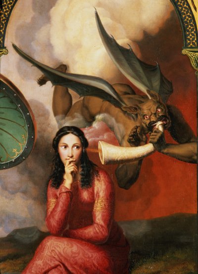 Hyvä ja paha: Paholainen kiusaa nuorta naista, 1832 yksityiskohta kuvasta 89709 öljy kankaalle. tekijältä Andre Jacques Victor Orsel