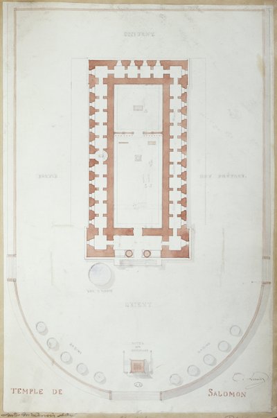 Suunnitelma Salomon temppelistä Jerusalemissa, 1800-luvun puoliväli (muste ja wc paperilla) tekijältä Andre Lenoir