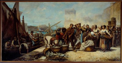 Kalastajien saapuminen Quai Saint Jeaniin Marseillessa Andre Marius Guindonin (1830-?) maalaus 1800-luvun Marseille, Kuvataidemuseo tekijältä Andre Marius Guindon