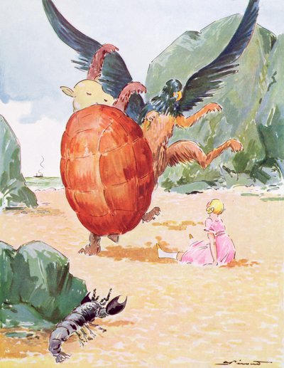 Liisa, Gryphon ja pilkkakilpikonna, kuvitus Lewis Carrollin (1832-98) teoksesta "Liisa ihmemaassa", julkaisija Editions Delagrave, Paris tekijältä Andre Pecoud