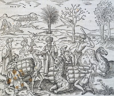 Arabikauppiaat Syyriassa, kaiverrus Universal Cosmologysta, Andre Thevet (1504-1592) tekijältä Andre Thevet
