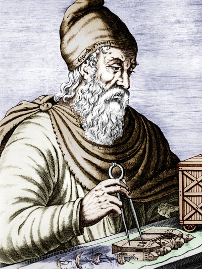 Archimede (287-212 avJC), kreikkalainen sisilialainen fyysikko ja matemaatikko, kaiverrettu värillinen asiakirja tekijältä Andre Thevet