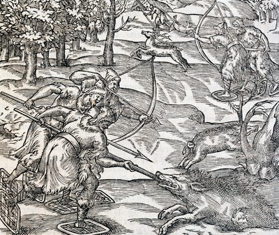 Intiaanien villisianmetsästys, kaiverrus Universal Cosmologysta, Andre Thevet (1504-1592), Pariisi tekijältä Andre Thevet