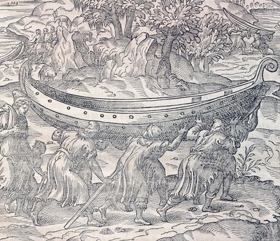Lappilaiset kuljettamassa veneitään paikasta toiseen, kaiverrus Universal Cosmologysta, Andre Thevet (1504-1592), Pariisi tekijältä Andre Thevet