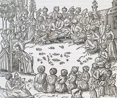 Turkkilaisten ja arabien tapaaminen, Marokko, kaiverrus Universal Cosmologysta, Andre Thevet (1504-1592), Pariisi tekijältä Andre Thevet