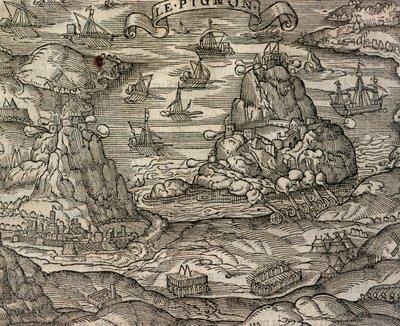 Meritaistelu lähellä Le Pignonin saarta, kaiverrus Cosmographie universellesta, Andre Thevet (1504-1592), Pariisi tekijältä Andre Thevet