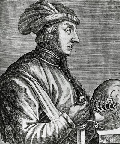 Luccan herran Castruccio Castracanin (noin 1281-1328) muotokuva, kaiverrus teoksesta The True Portraits and Lifes of Illustrious Men tekijältä Andre Thevet