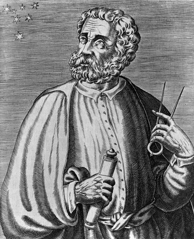 Portugalilaisen navigaattorin Ferdinand Magellanin (1480-1521) muotokuva Andre Thevetin (1504-1592) kaiverrus todellisista muotokuvista ja maineikkaiden miesten elämästä tekijältä Andre Thevet