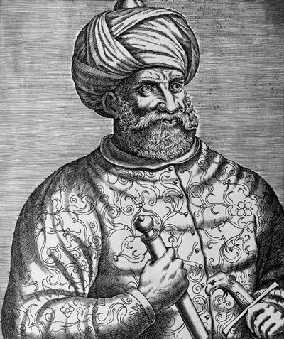 Muotokuva Khayr al-Dinistä, joka tunnetaan nimellä Barbarossa (1465-1546), turkkilainen korsaari ja amiraali, Andre Thevetin (1502-1590) kaiverrus tekijältä Andre Thevet