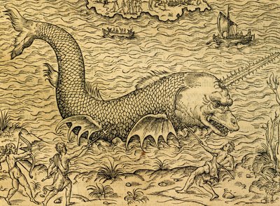 Merihirviö, kaiverrus Universal Cosmologysta, Andre Thevet (1504-1592), Pariisi tekijältä Andre Thevet