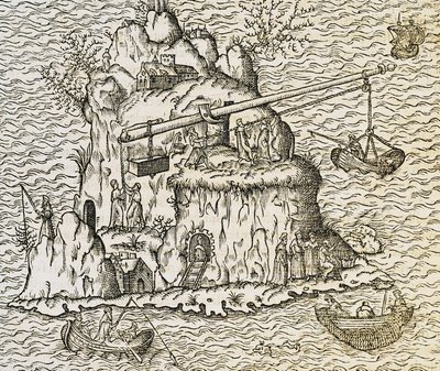 Veneiden kuljetustekniikka Kreetan saarella, kaiverrus teoksesta La Cosmographie Universelle, kirjoittanut Andre Thevet. tekijältä Andre Thevet