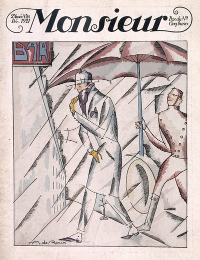 Mies sadetakissa, "Monsieur"-lehden etukansi, numero 24, pubi. Joulukuu 1921 (pochoor print) tekijältä Andre de Roux