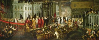 Dogaressa Morosina Morosini Grimanin saapuminen Ducal Palaceen Venetsiaan, n. 1600 (öljy kankaalle) tekijältä Andrea Vicentino