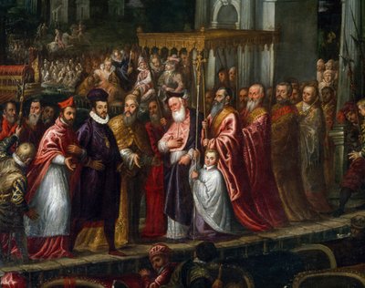 Doge Mocenigo ja patriarkka Trevisan toivottivat Henrik III:n tervetulleeksi Lidoon vuonna 1574 tekijältä Andrea Vicentino