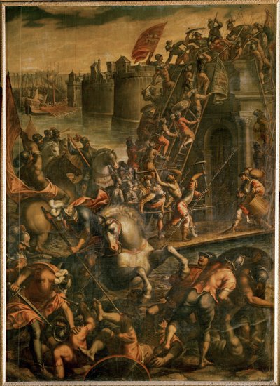 Venetsian dogi Enrico Dandolo ja hänen ristiretkeläisensä rynnäköimässä Zaran kaupunkiin vuonna 1202 (öljy kankaalle). tekijältä Andrea (1539-1614) Vicentino