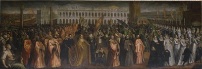 Dogaressa Marina Morosini-Grimani lähtee Palazzo Grimanista kruunajaisiinsa Venetsian Palazzo Ducalessa tekijältä Andrea Vicentino